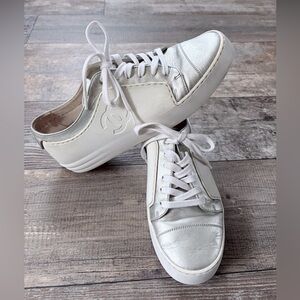 Chanel Sz 38 Logo White Silver Sneakers Shoes